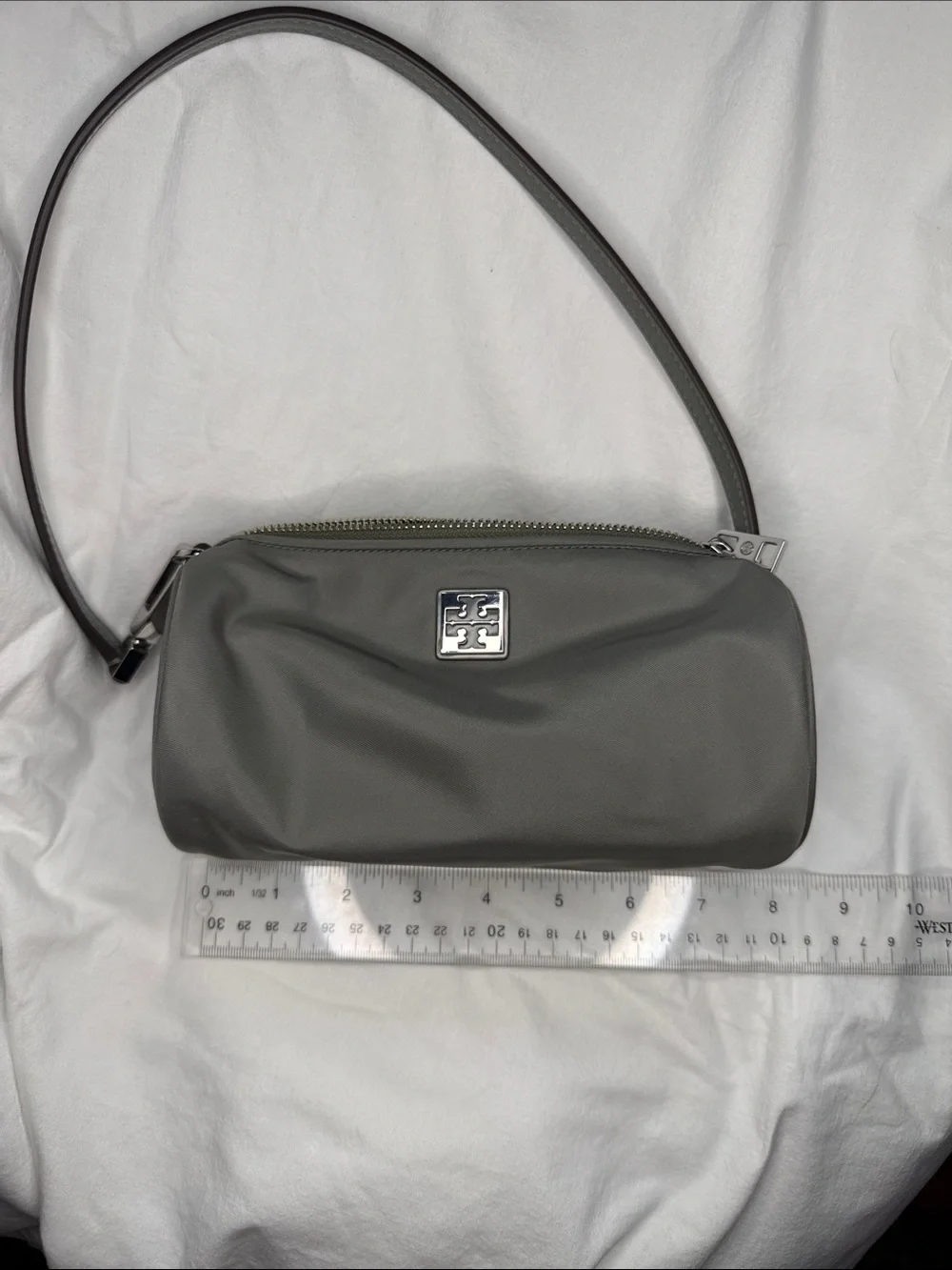 Tory Burch Olive Gray Nylon Shoulder Bag with Silver Logo NWOT